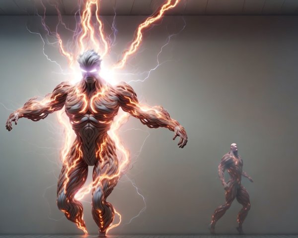 Surreal Muscular Figure with Electric Arcs in Dim Room