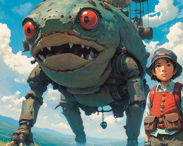 Anime Boy with Robot Frog in Ghibli-esque Style