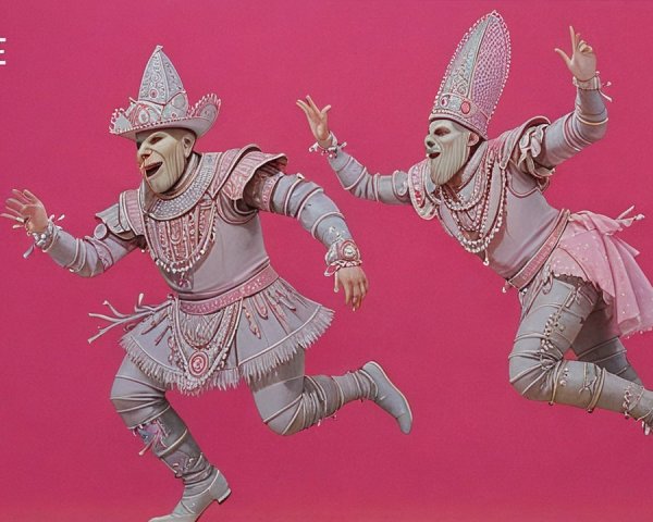 Whimsical Figures in Elaborate Costumes on Pink Background