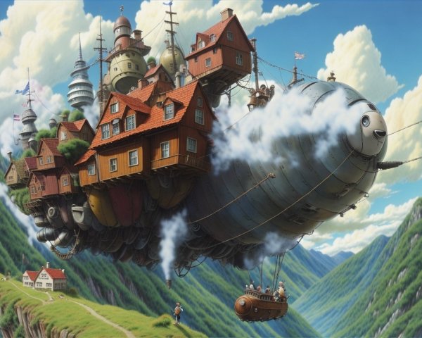 Fantastical airship above vibrant landscape and village