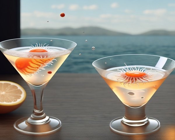 Elegant cocktails with vibrant orange garnish by the sea