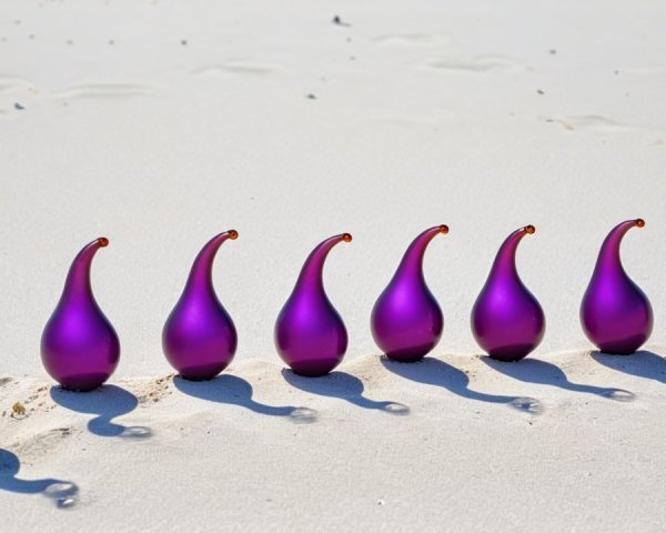 Vibrant Purple Teardrop Objects on Sandy Beach