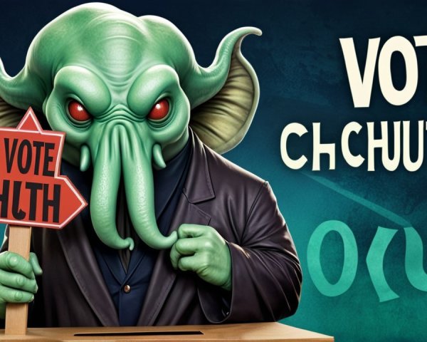 Cartoonish Cthulhu Creature at Polling Station