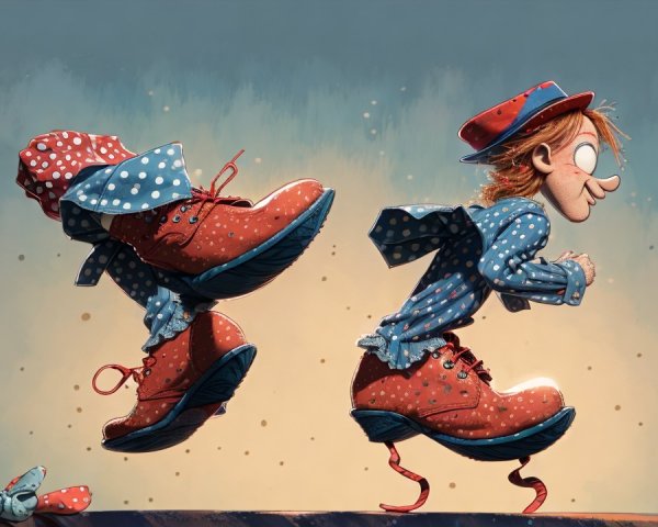 Whimsical Character in Colorful Outfit and Clown Shoes