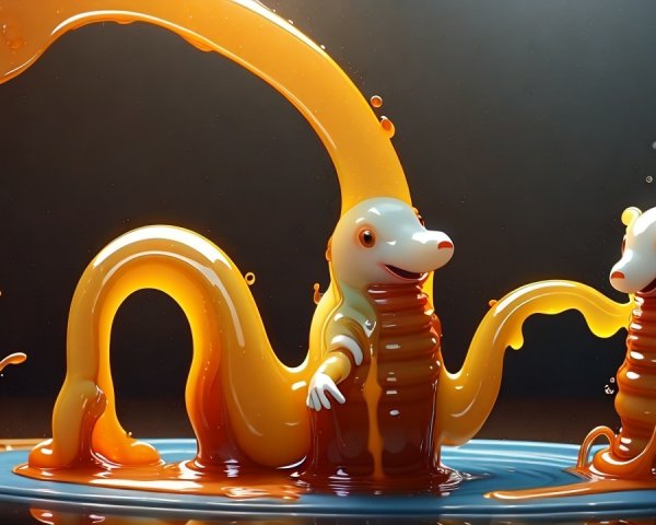 Whimsical Cartoon Creatures in Vibrant Orange Liquid