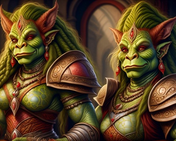 Green-skinned humanoid figures in ornate armor and jewelry