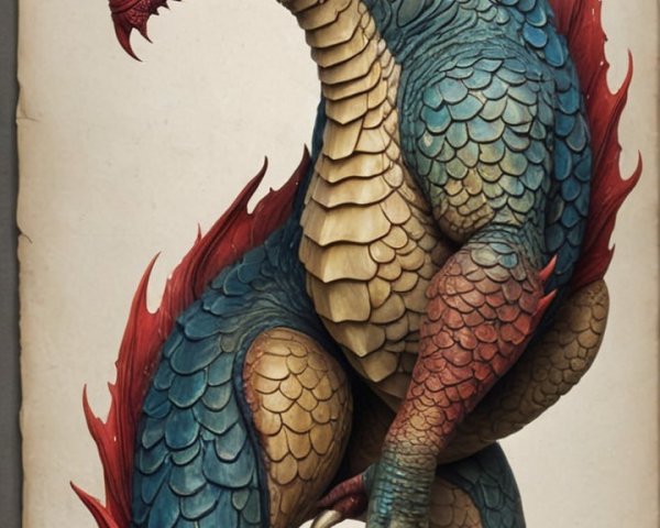Vibrant Dragon with Blue and Red Scales and Details