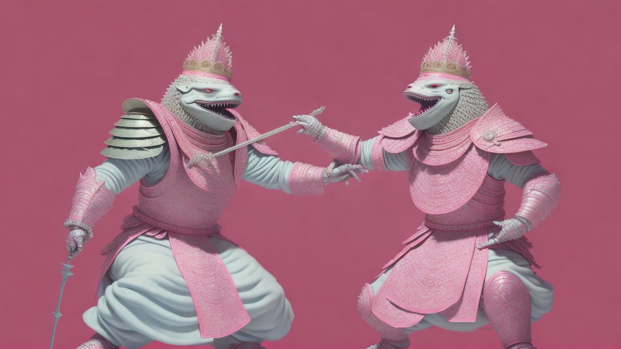 Lizard-like warriors in pink armor on solid background