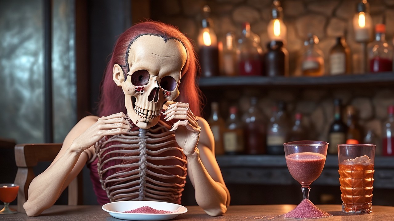 Skeleton with Wig at Table with Colorful Foods