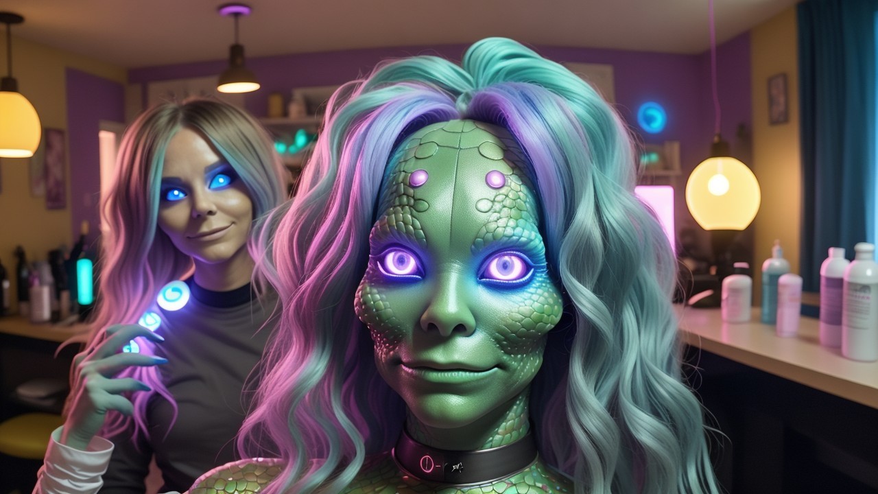 Futuristic salon with reptilian humanoid and glowing device