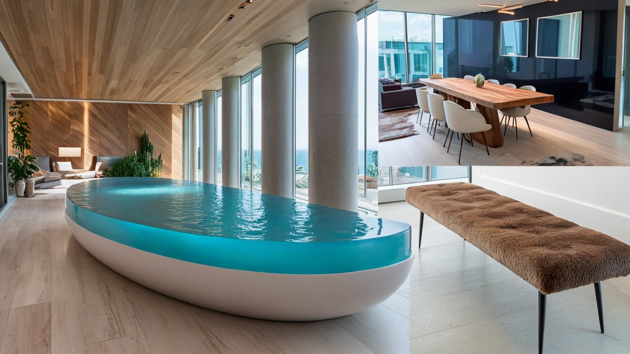 Luxurious Interior with Sleek Boat-Shaped Pool