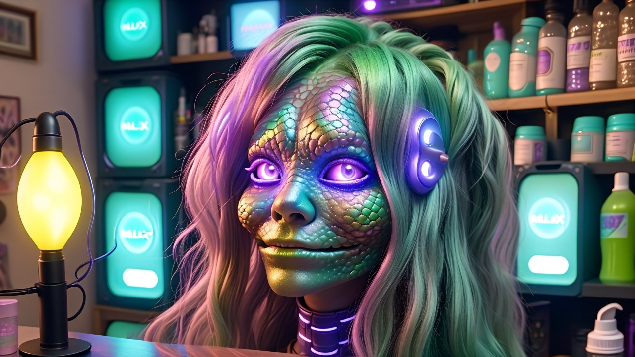 Humanoid Character in Trendy Salon with Unique Features