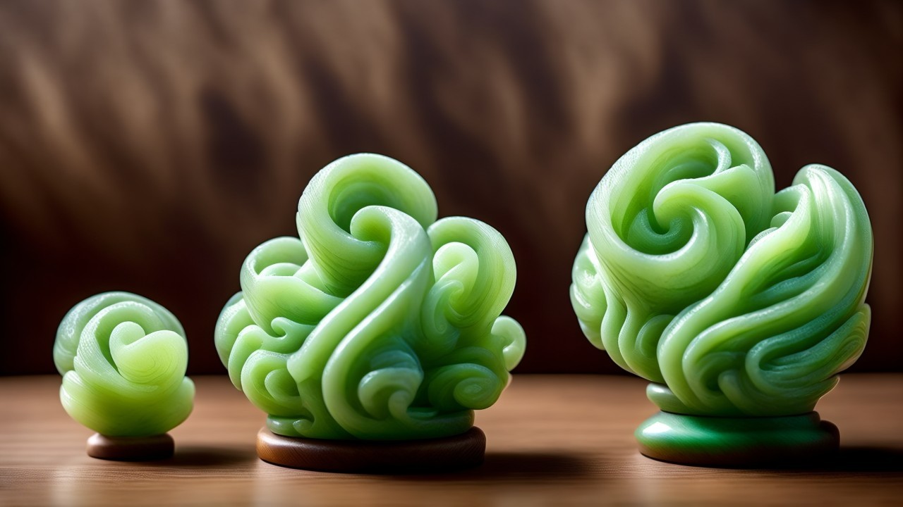 Three Intricately Carved Jade Sculptures Displayed