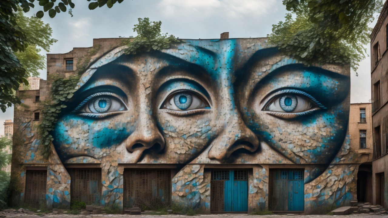 Mural of Faces Merging with Urban Landscape and Nature