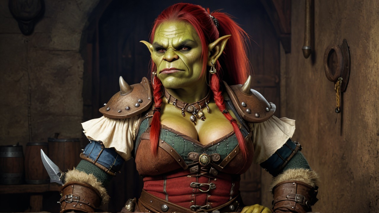 Fierce Female Orc with Red Hair in Leather Armor
