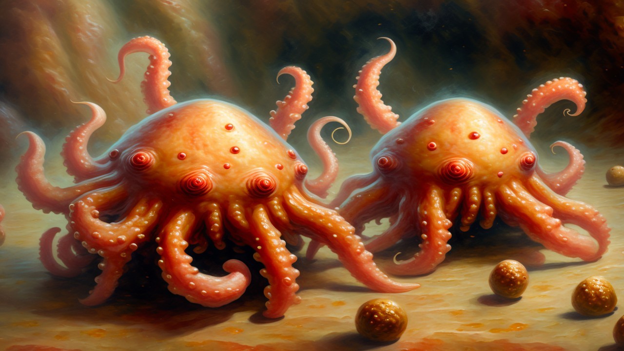 Whimsical Cartoonish Octopus Creatures on Ocean Floor