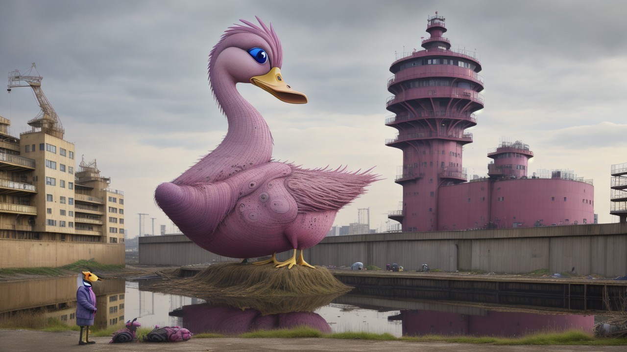 Giant Pink Duck in Surreal Industrial Landscape