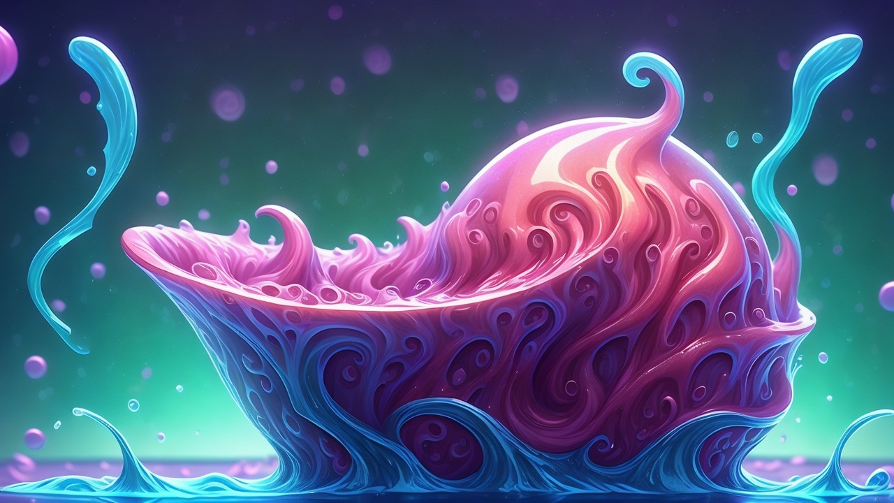 Whimsical Shell Design with Vibrant Patterns and Bubbles