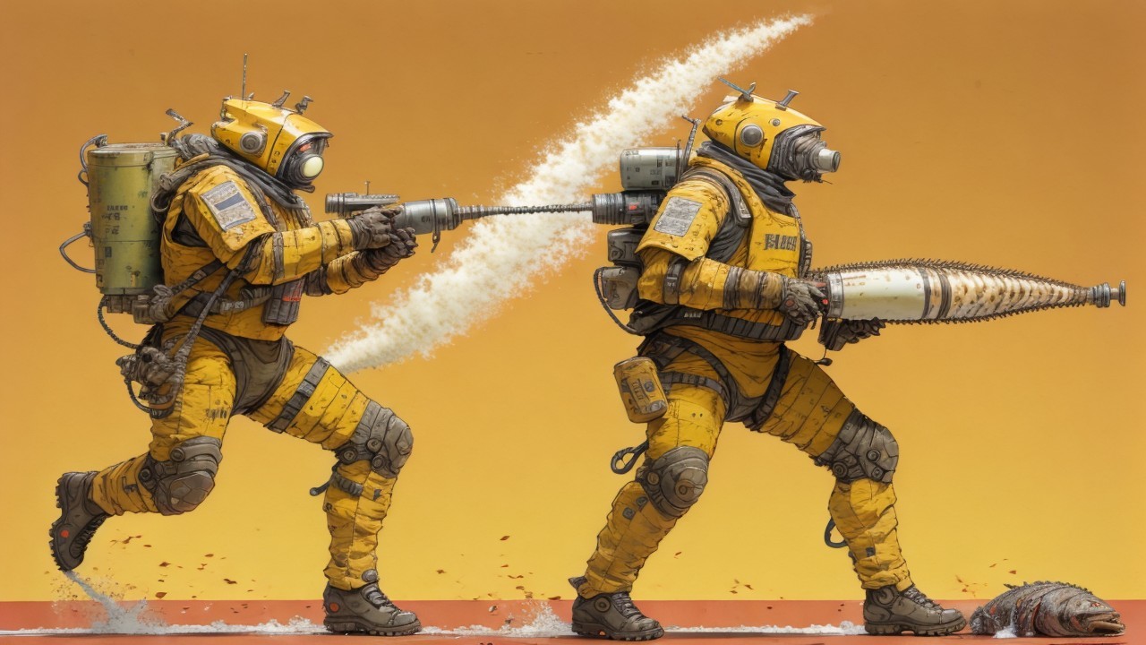 Futuristic Figures in Diving Suits Against Orange Background