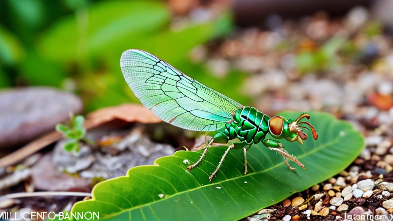 Vibrant Green Insect on Leaf with Translucent Wings