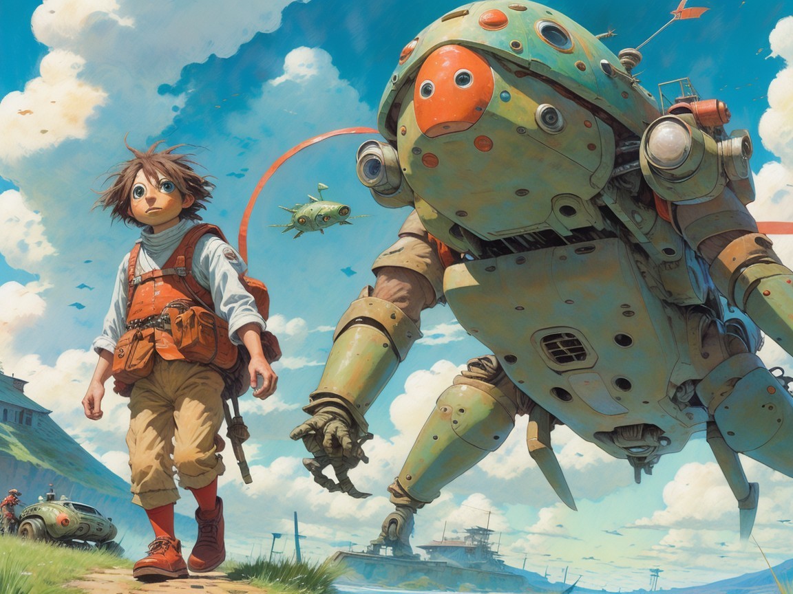 Boy Walking on Dirt Path with Insectoid Robot