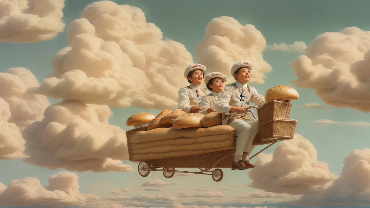 Cheerful bakers in a whimsical sky with bread cart