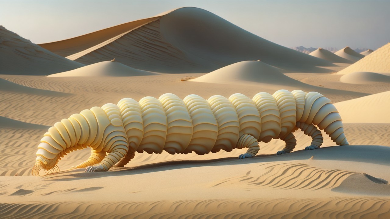 Surreal Caterpillar-Like Creature in Desert Landscape
