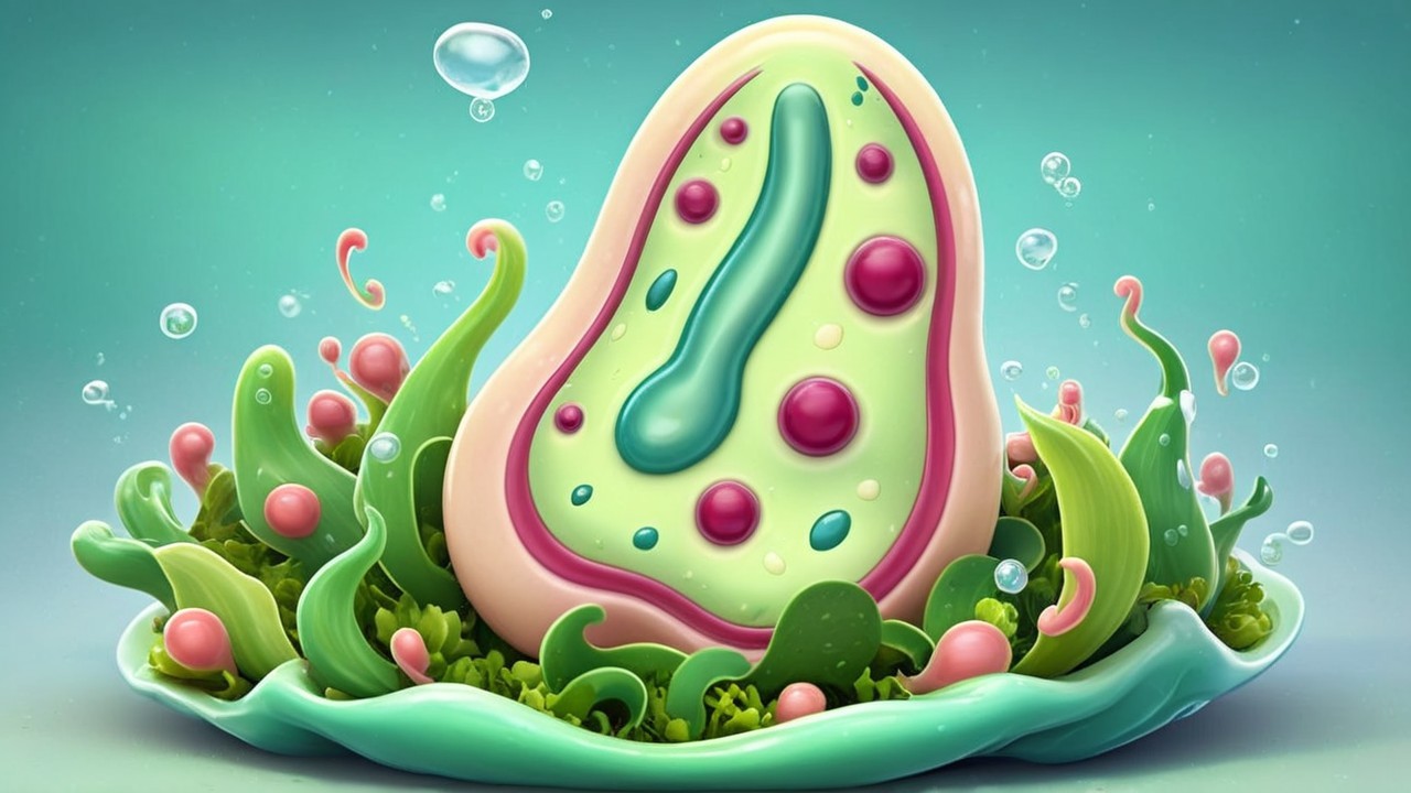 Cartoonish Cell Illustration with Plant Elements and Bubbles