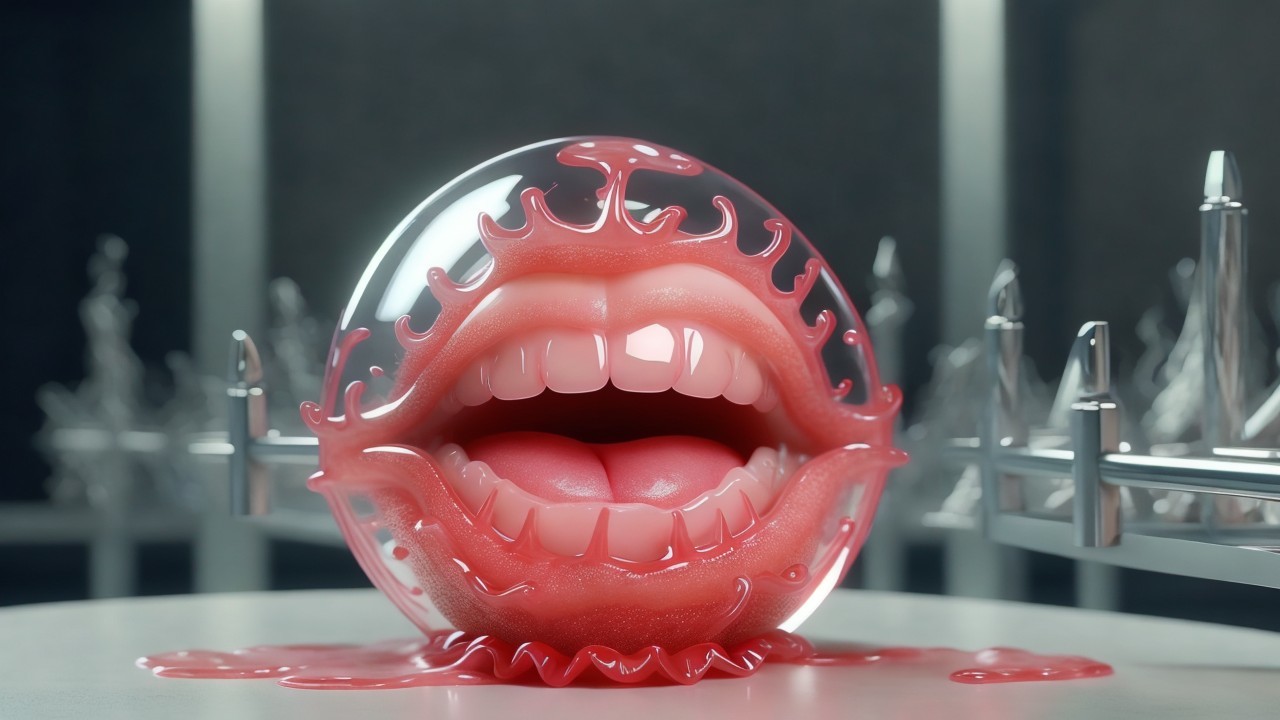 Surreal Glossy Orb with Stylized Lips and Metallic Background