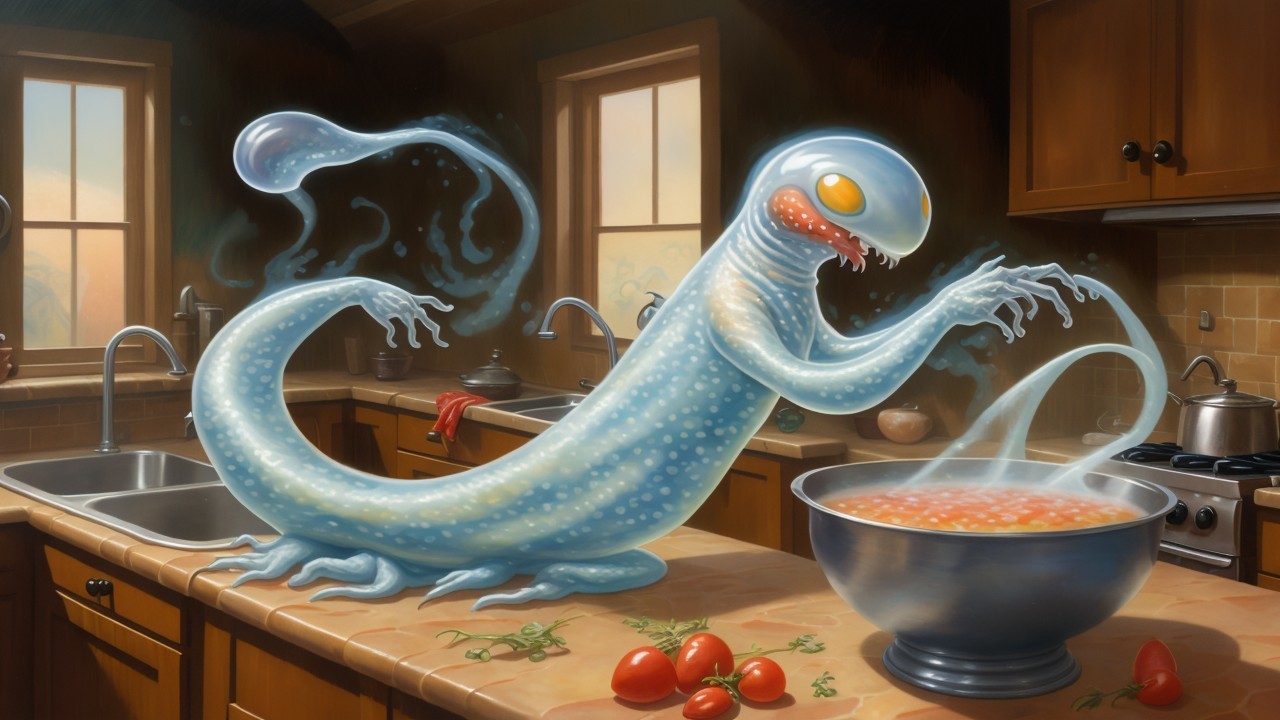 Whimsical Ghostly Creature Cooking in Cozy Kitchen