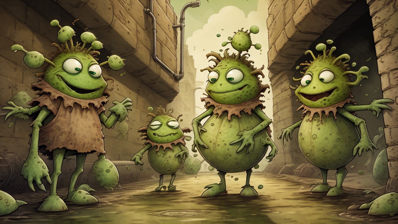 Whimsical Cartoon Alleyway with Friendly Green Creatures