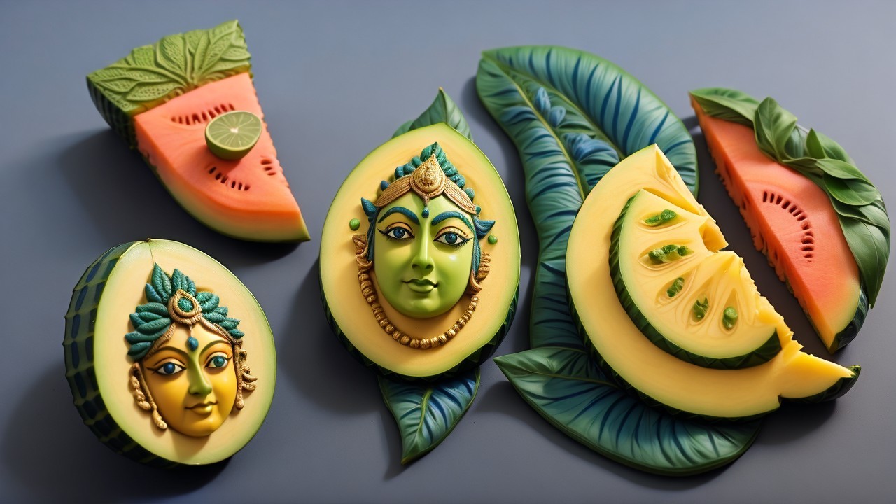 Intricately Designed Fruit Sculptures with Deity Faces