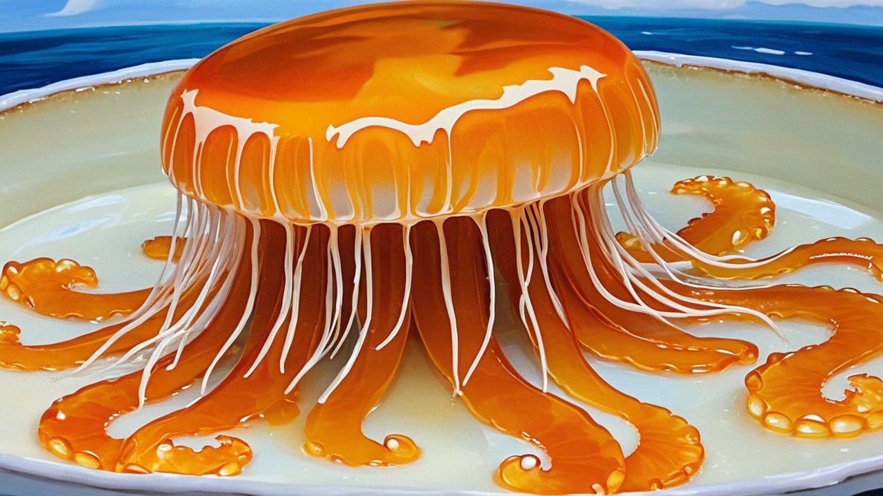 Vibrant Jellyfish Artwork with Orange Body and Blue Water