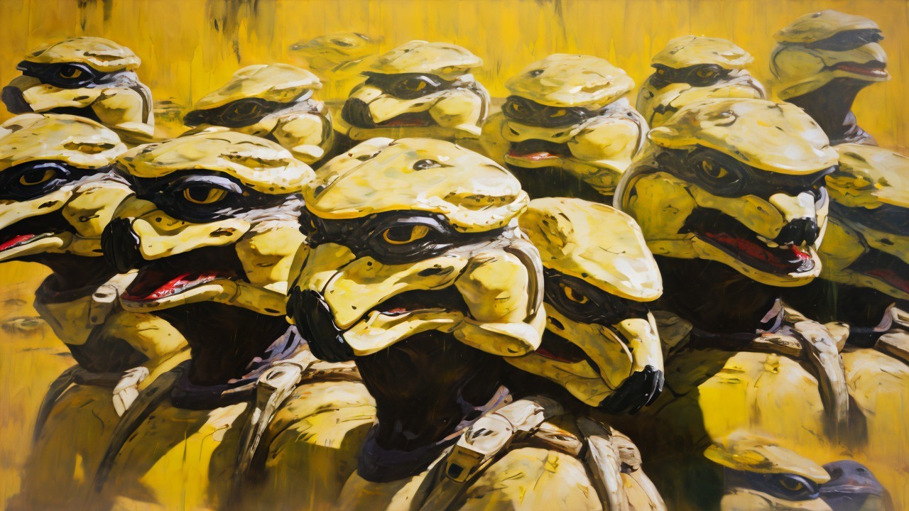 Stylized Turtle-Like Figures in Vibrant Yellow Artwork