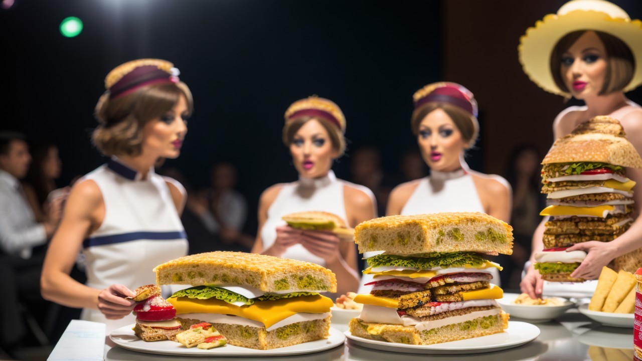 Surreal Fashion Display with Models as Sandwiches