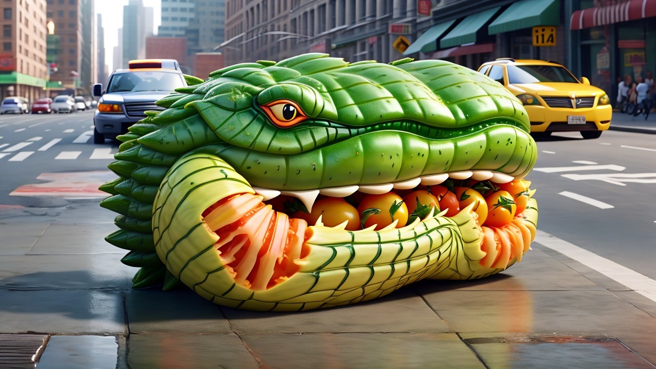 Oversized Green Creature with Fruits on City Street