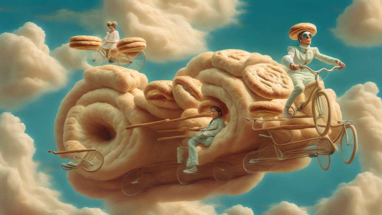 Whimsical Sky with Pastry Bicycles and Floating Doughnuts