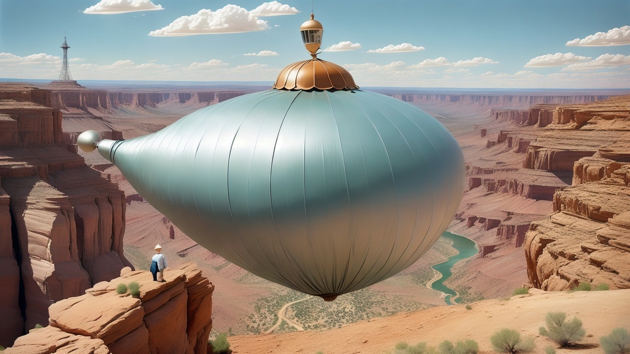 Futuristic airship above canyon landscape with figure