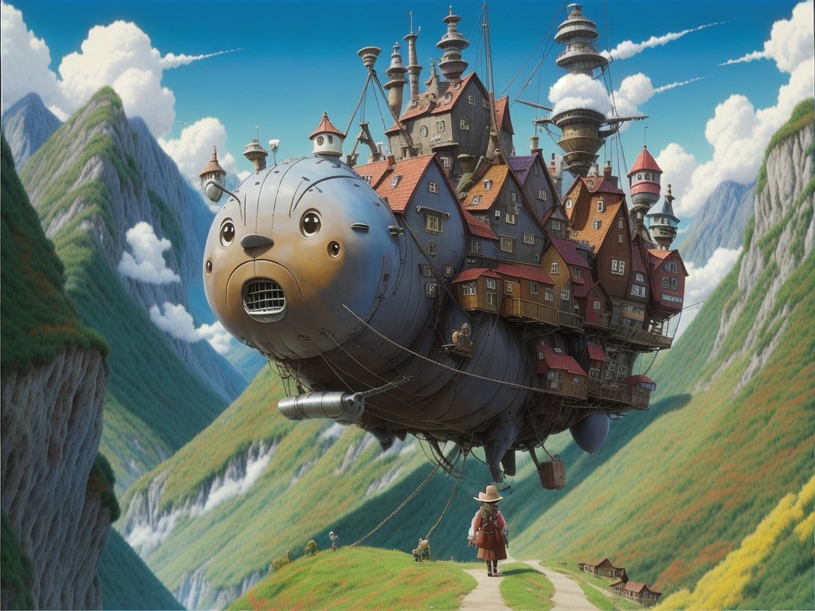 Whimsical Flying Ship Over Lush Green Hills
