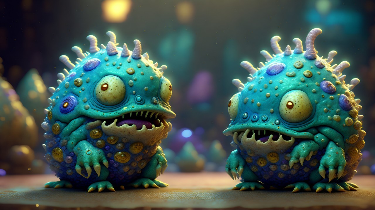 Cartoonish Creatures with Blue Scales and Colorful Bumps