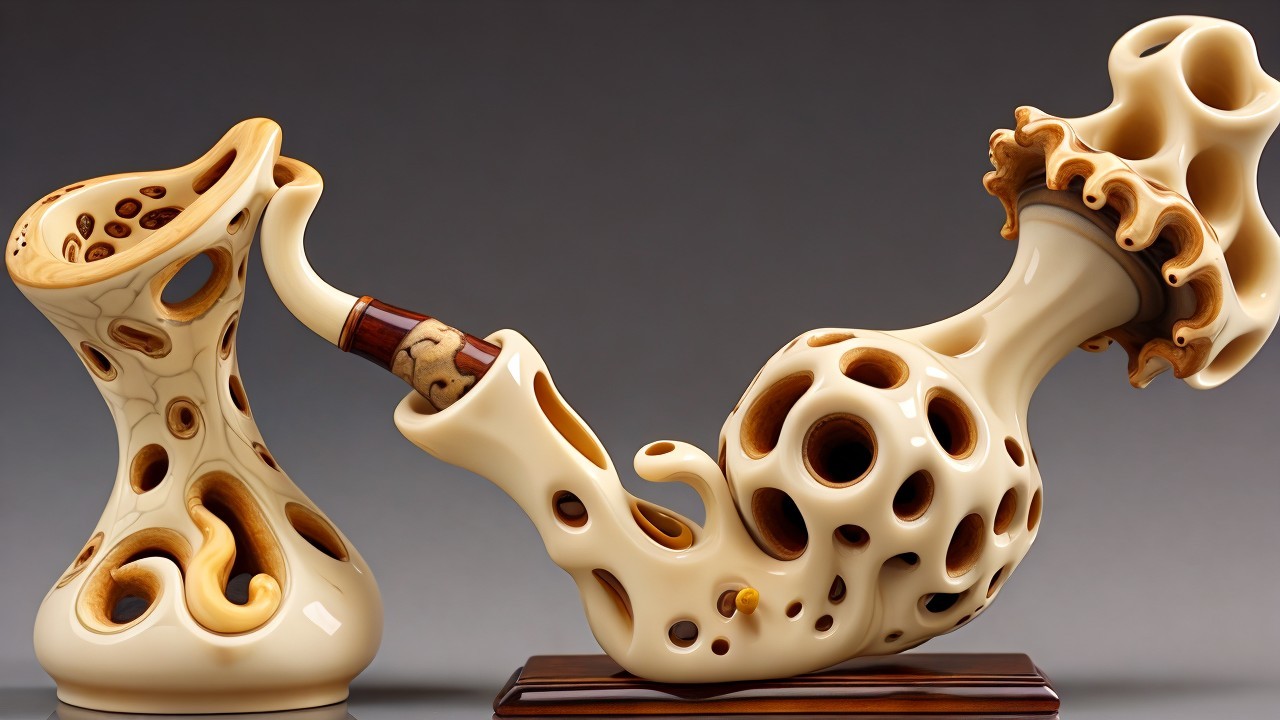 Elaborate Ivory Smoking Pipes with Wooden Accents