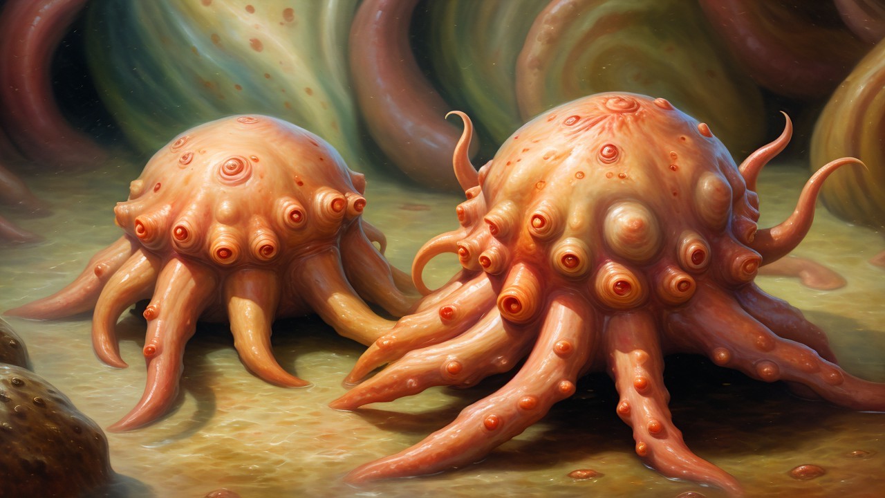 Whimsical Octopus-Like Creatures on Ocean Floor