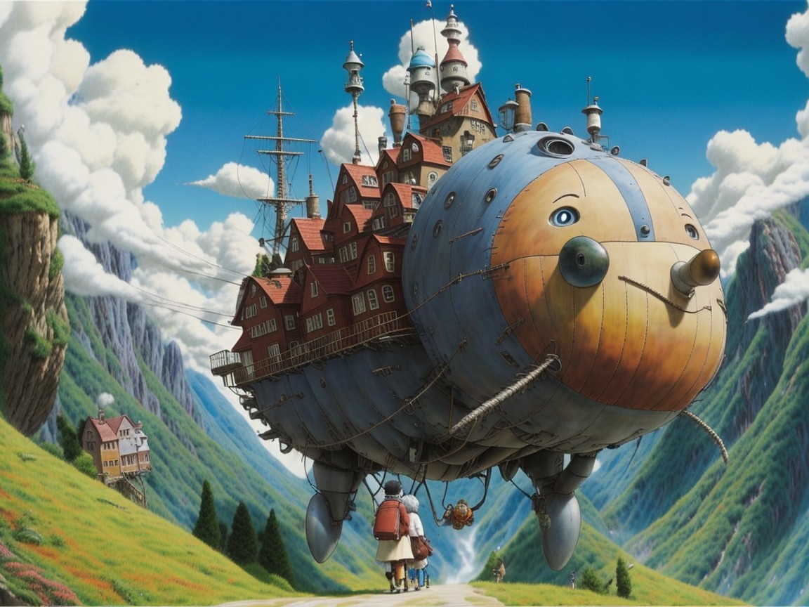 Whimsical Floating Castle Above Green Hills and Mountains