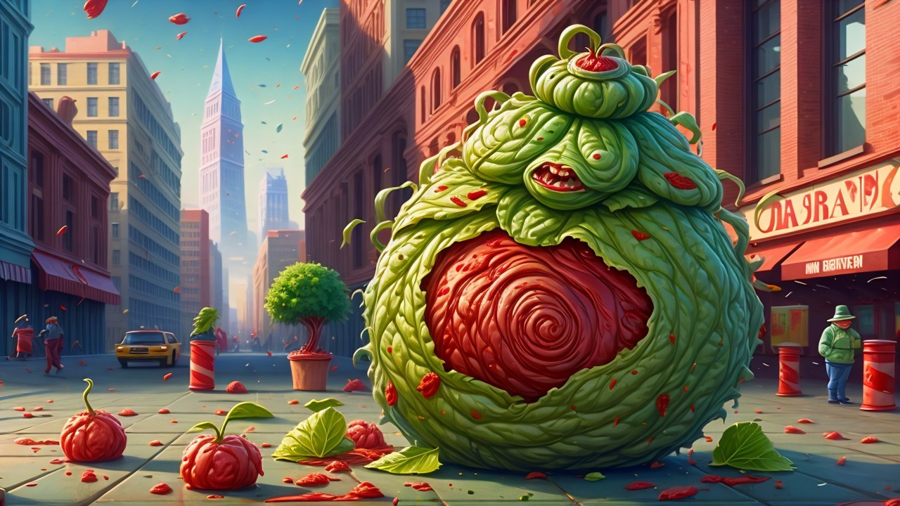 Whimsical Creature Resembles Leafy Vegetable in City
