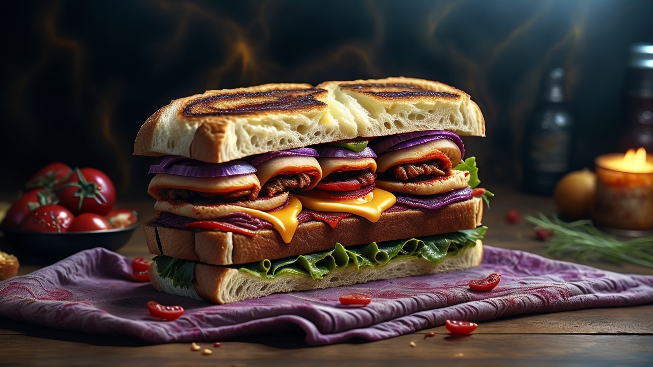 A towering sandwich with fresh ingredients and cheese