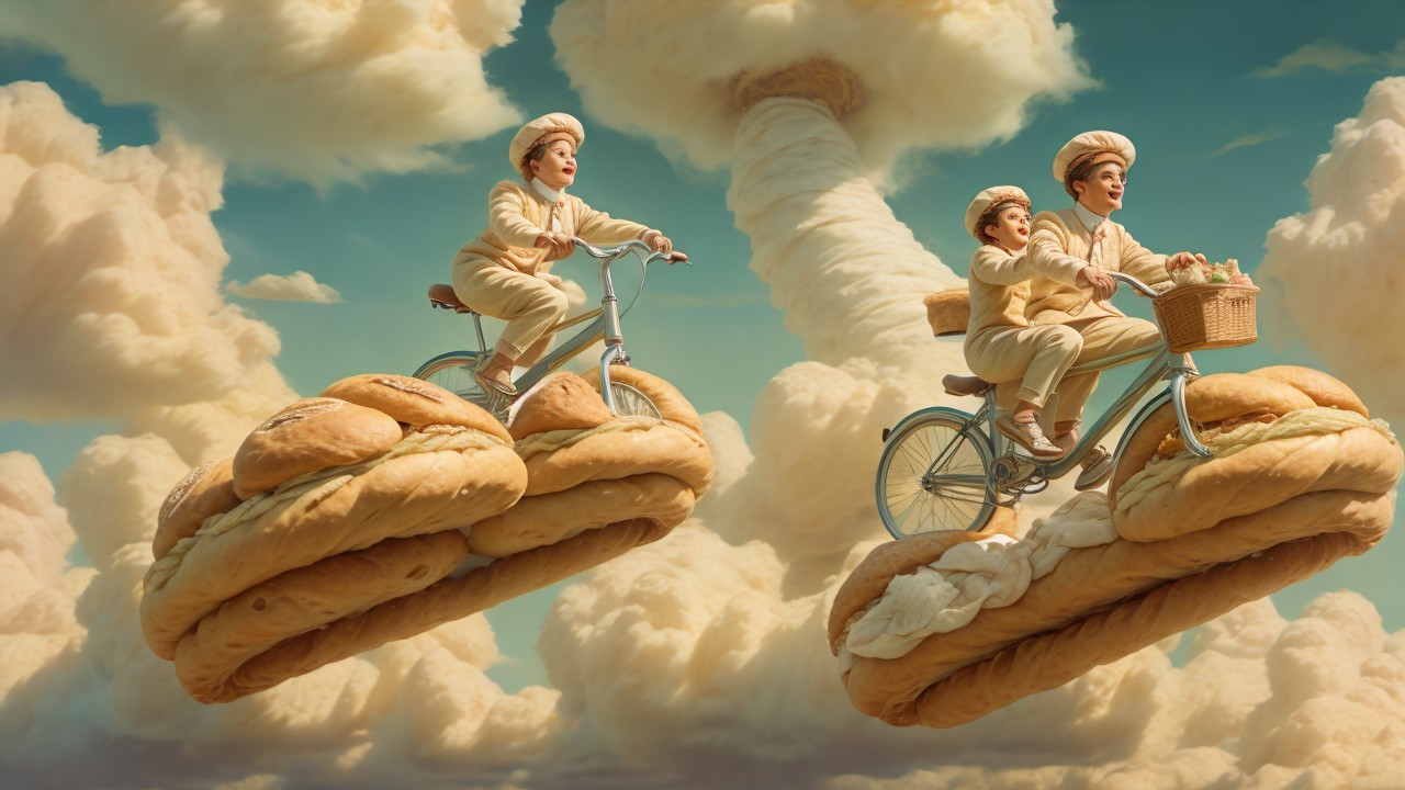 Bakers on Pastry Bicycles in a Dreamlike Sky