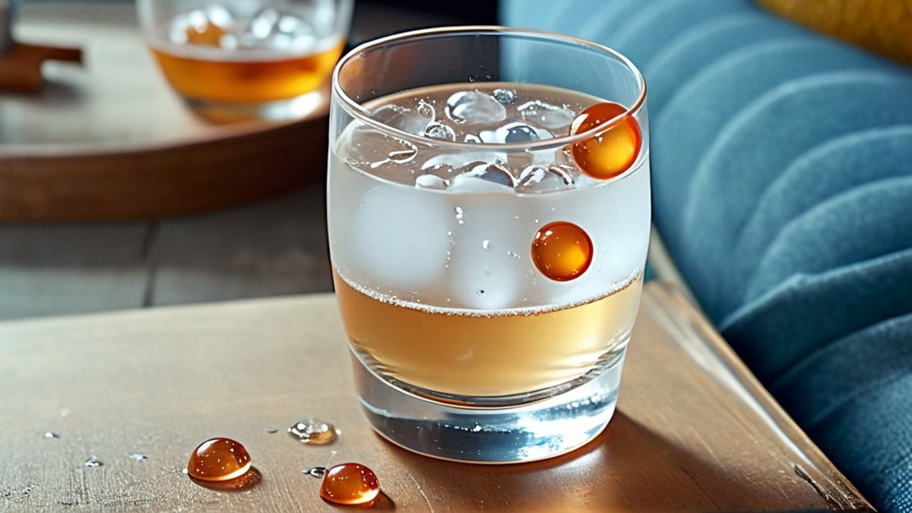 Close-up of a glass with light amber beverage and ice