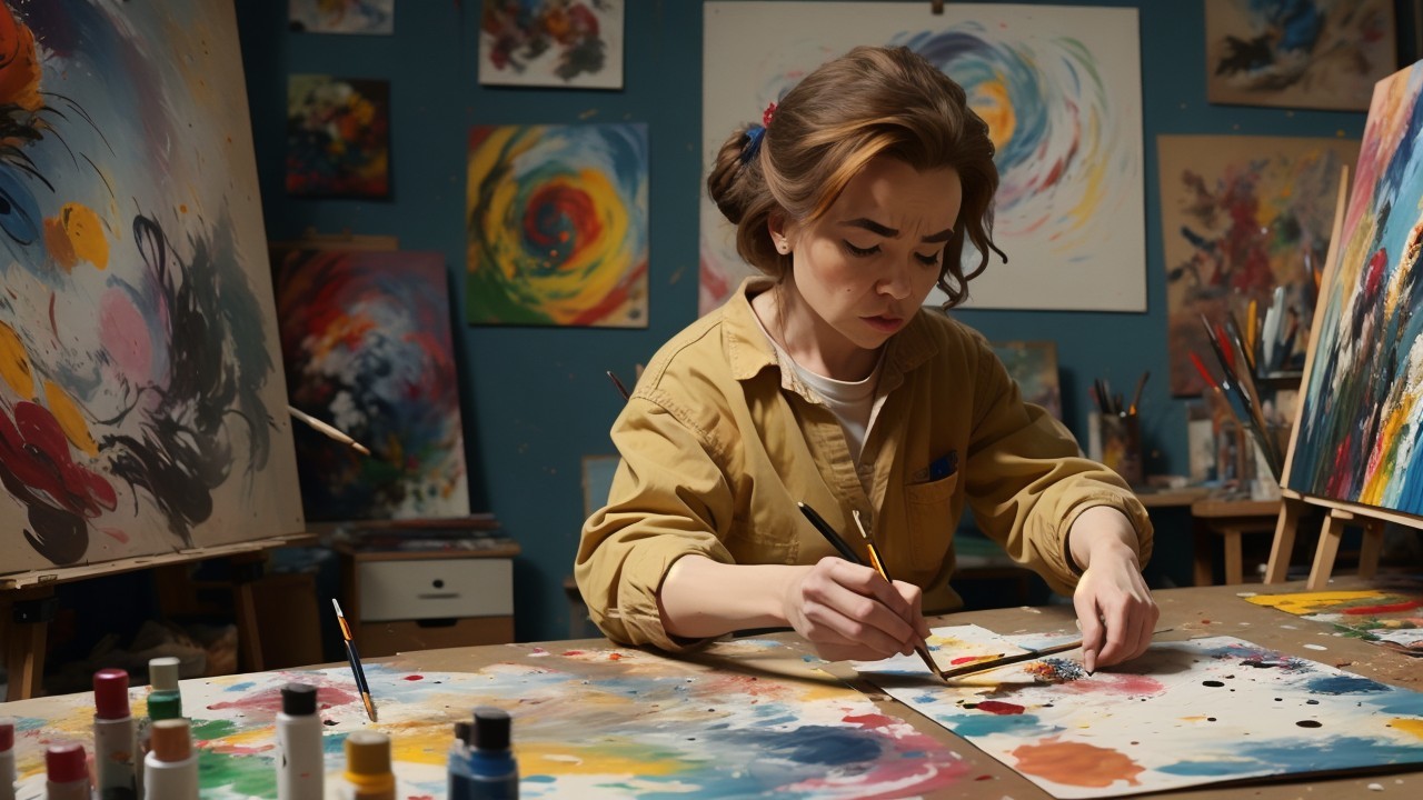 Art Studio with Abstract Paintings and Artist at Work