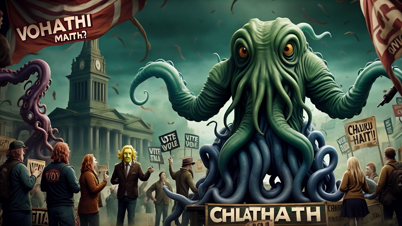 Giant Octopus Creature Overlooks Chaotic Protest Scene