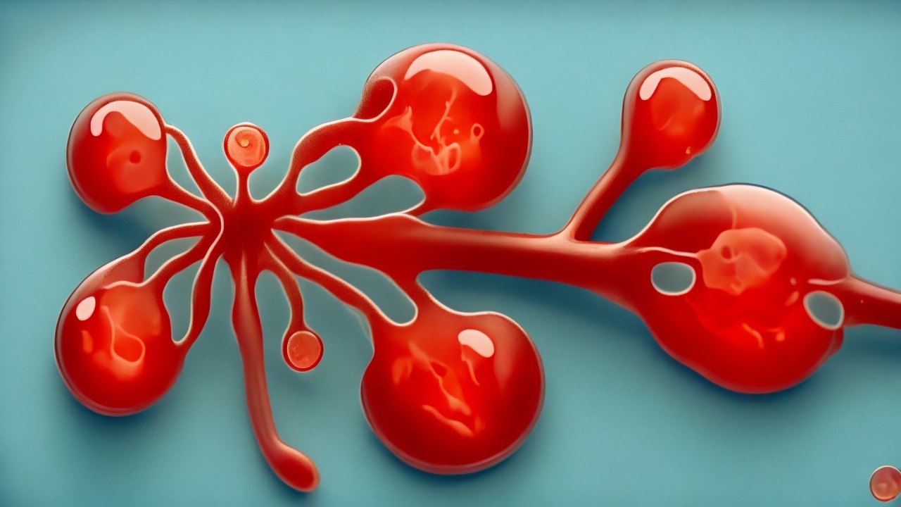 Abstract Red Droplets on Soft Blue Background